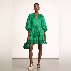 Alexis green “Daksha” mini dress with eyelet trim at hem and balloon sleeves. XS